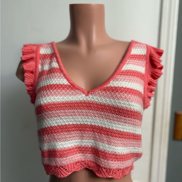 Coral and White Striped Ruffle Sleeve Tank Top - Picture 1 of 3